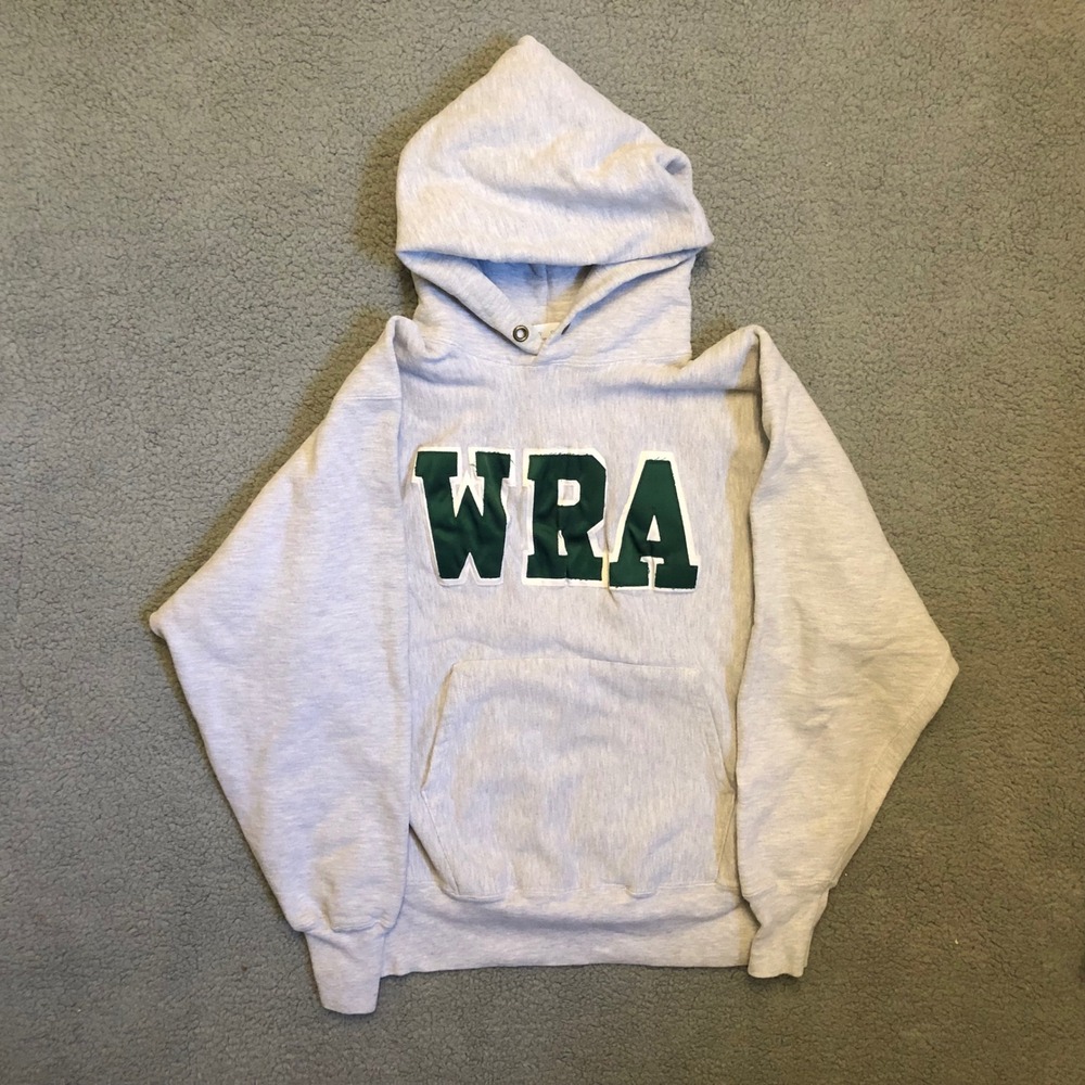 Vintage Champion Reverse Weave Hoodie WRA Grey Green Made in‎ USA Large 90s